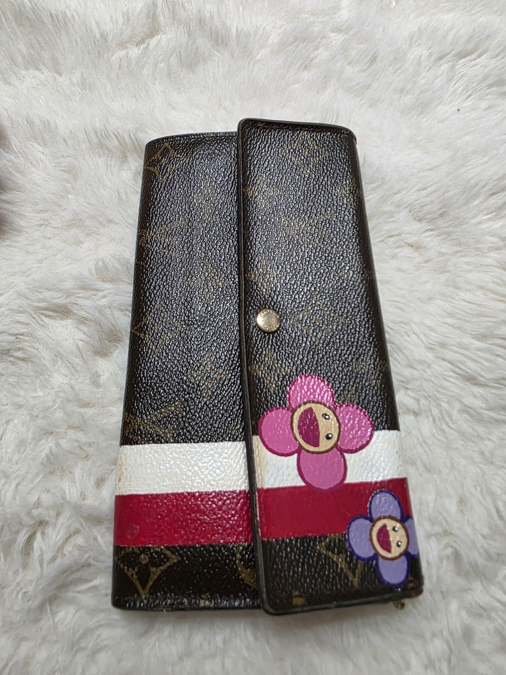 Louis Vuitton Brown Monogram Wallet with Pink & Purple Flower Motifs